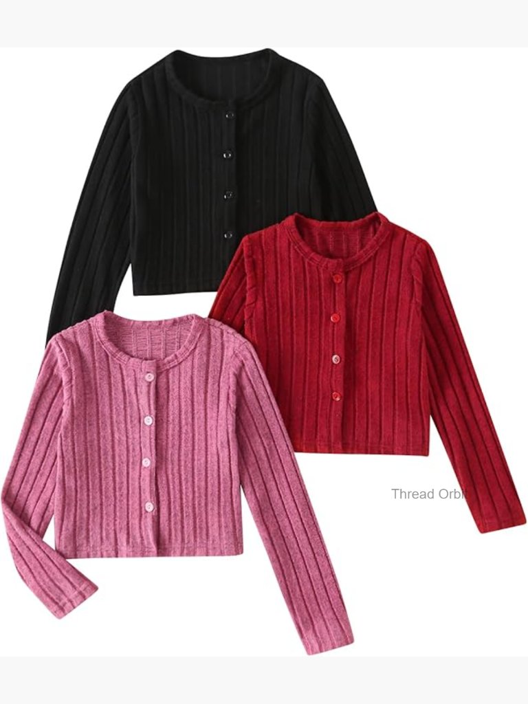 3-Pack Girls Button Down Knit Cardigan Long Sleeve Crop Top T-Shirt Set 3-12y